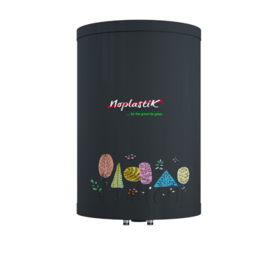 a black noplastik storage water heater with multi coloured stick figure trees design