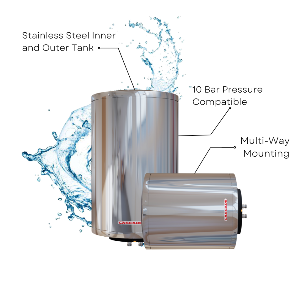 two stainless steel water heaters with water splashing in the background transparent background