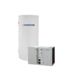 two white and grey heat pumps with cascade logo small stainless steel instant water heater with Cascade logo transparent background