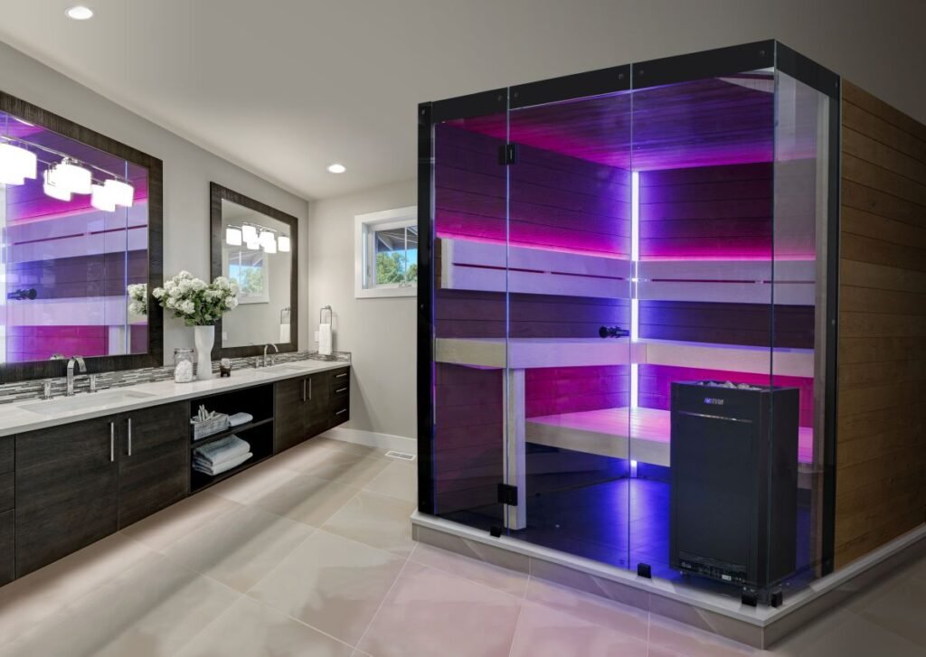 purple lit sauna cabin in a luxurious bathroom
