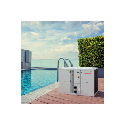 heat pumps against a swimming pool background