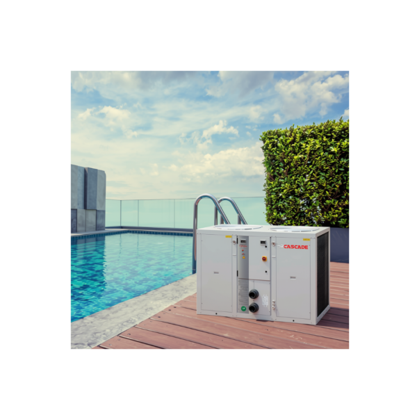 heat pumps against a swimming pool background