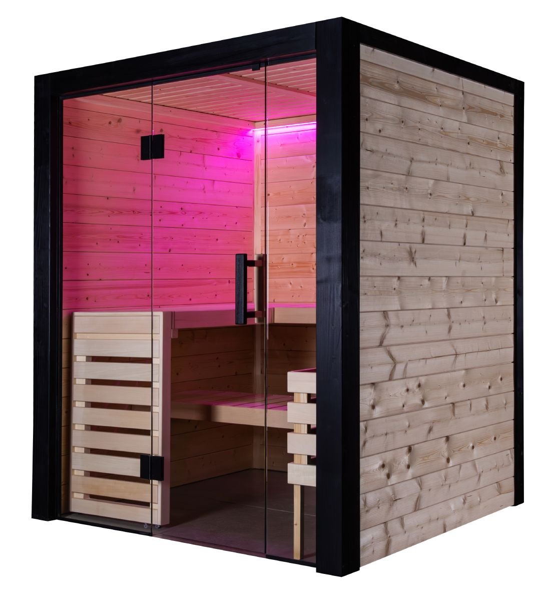 Harvia Family indoor sauna cabin with pink LED lighting