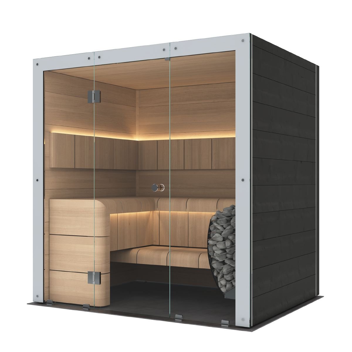 Harvia Ventura sauna cabin with curved ash veneer benches